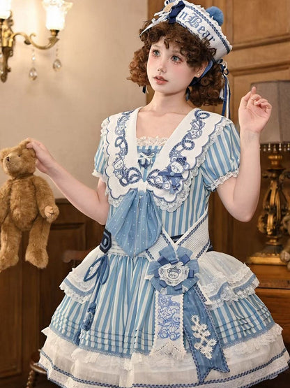 Light Blue Striped Low Waist Sailor Dress with Embroidery - Twin Bear Original Design