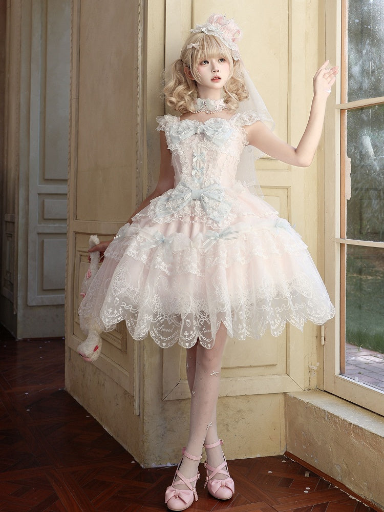 Pink Multi-Layer Lace Trim Lolita JSK with Bow and Bead Chain Decorations - White Sugar Girl