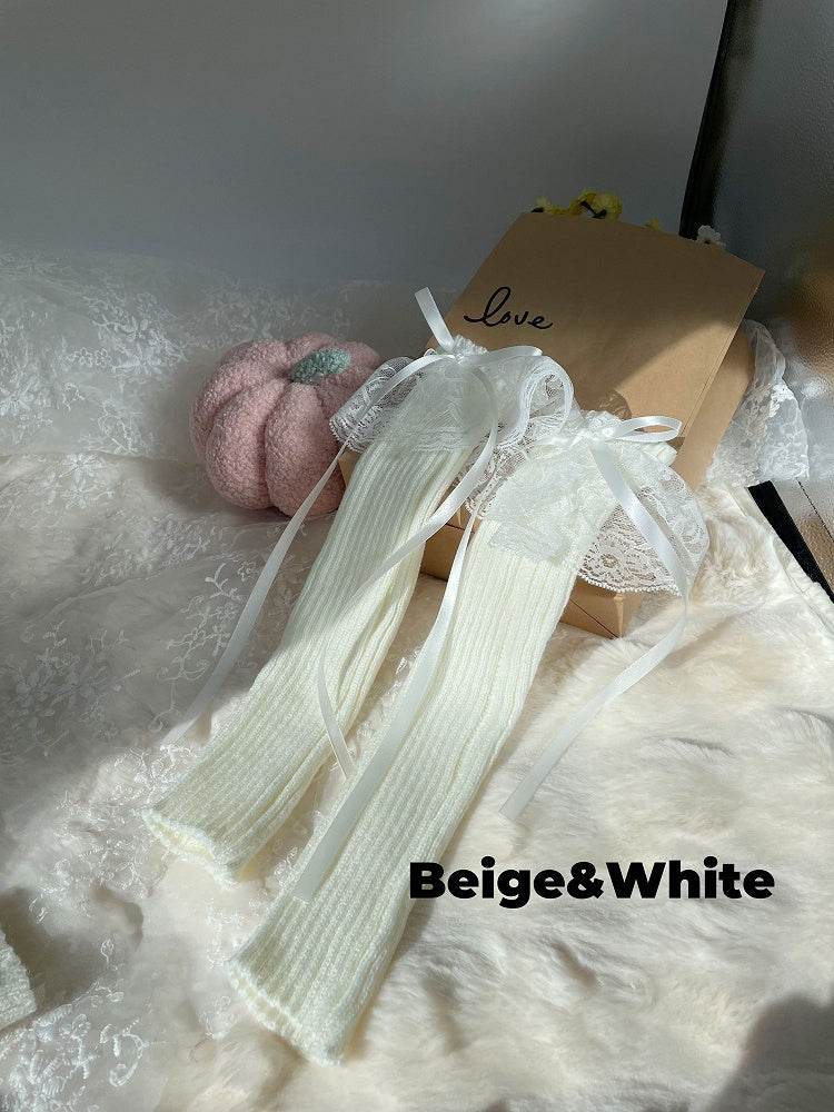 Gestrickte Beinwärmer mit Schleife und Spitzenmanschette in 9 Farben