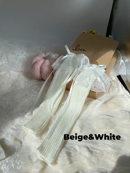 Gestrickte Beinwärmer mit Schleife und Spitzenmanschette in 9 Farben