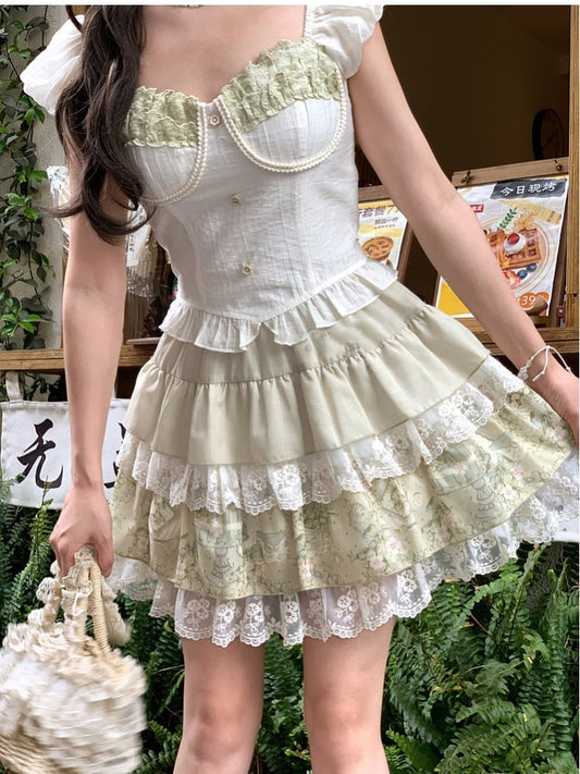 ライトヴィンテージプリントレーストリムティアードスカート グリーン 伸縮性ウエスト