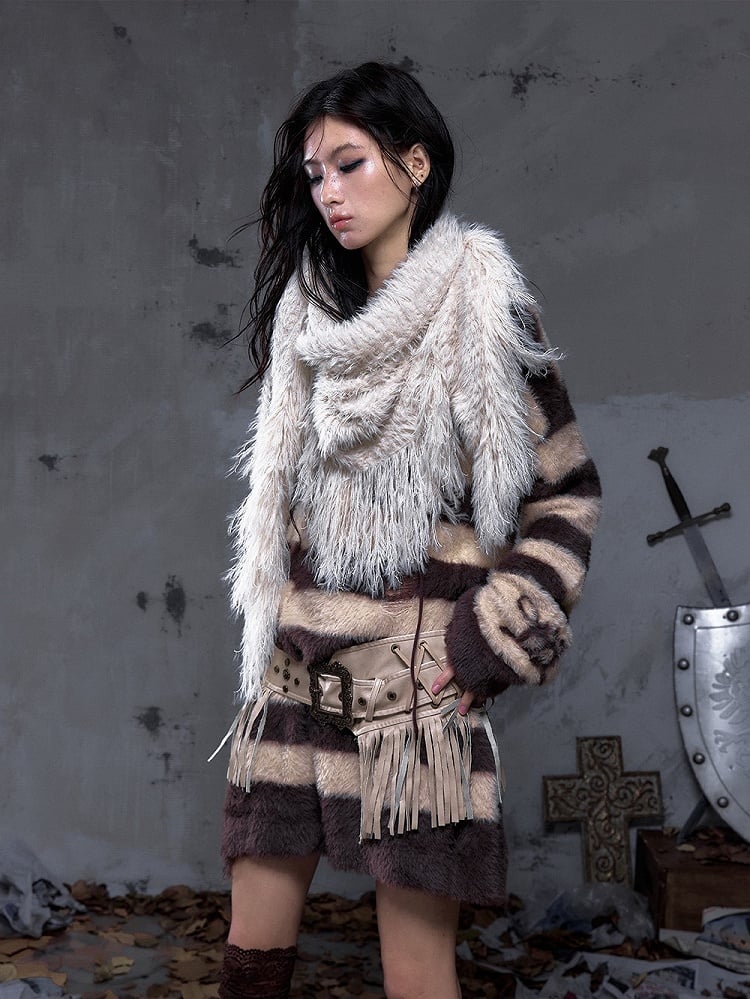 Fringe Vintage Punk Scarf White Long Faux Triangle Mink Y2K