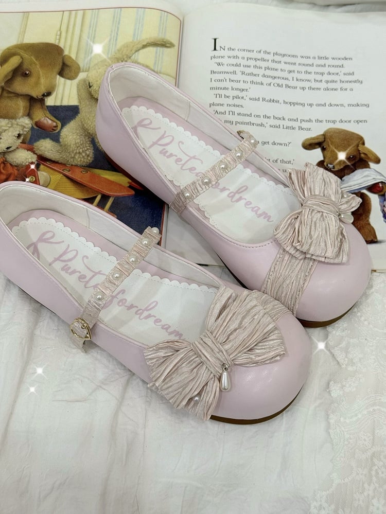 Pink Round Decorated Shoes Strawberry Top at Toe Buckle Bow Heart Lolita Beaded