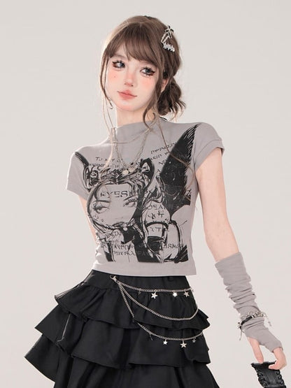 Charakterdruck und passendes fingerloses graues T-Shirt mit Stehkragen und Manga-Handschuhen