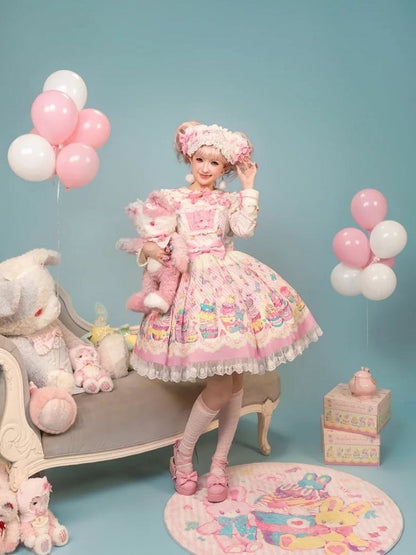 Flutter and Lace Prints Sweet JSK Pink Dress White Trim Sleeves with Lolita Cupcake