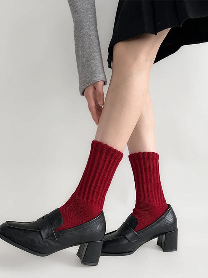 Red Rib Crew Long Fine Warm Socks