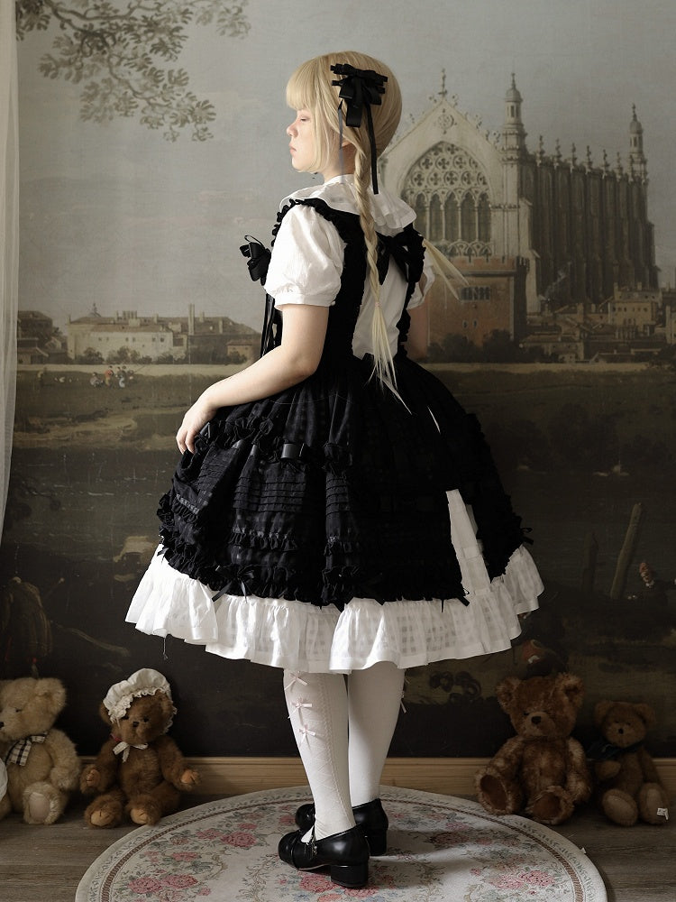 Dark Checkered Multi-Tier Bow Lolita Jumperdress