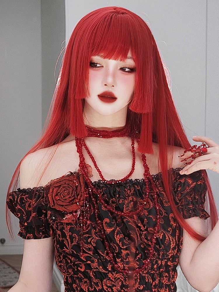 レッド姫カットロングストレート合成ウィッグ