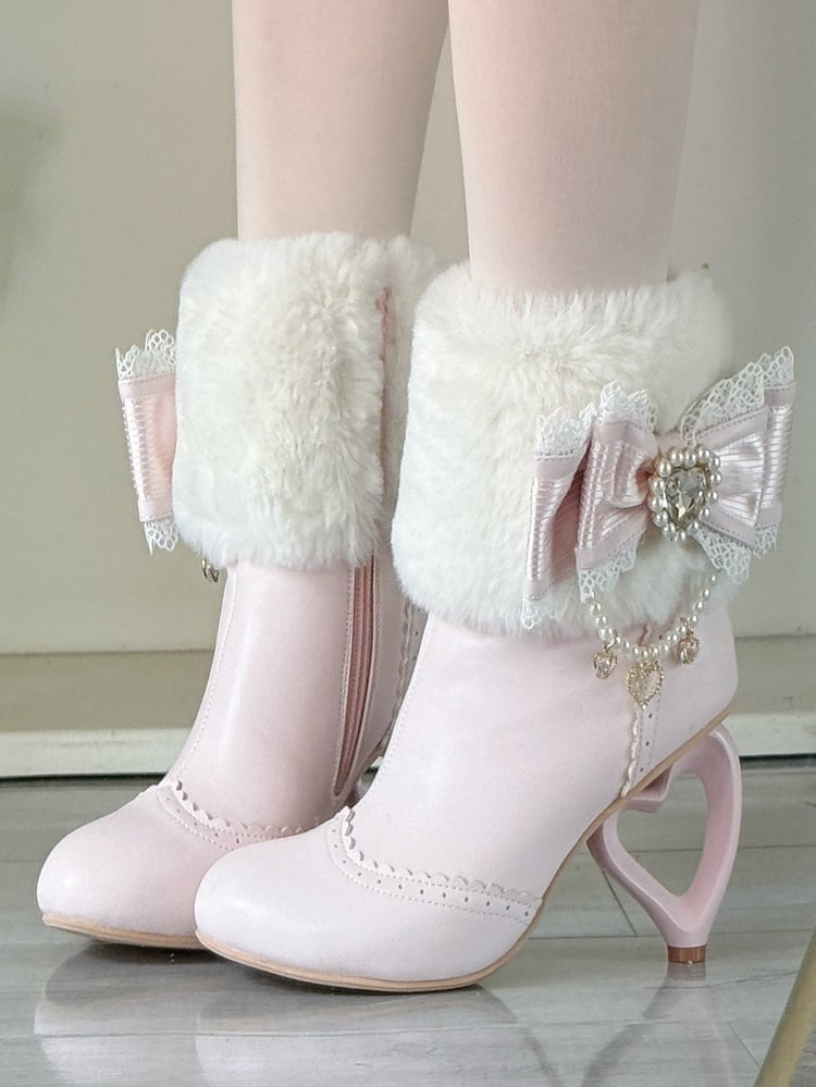 Sakura Pink Plush Boots - Cuff Heel Heart