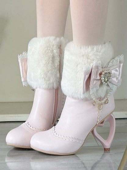 Sakura Pink Plush Boots - Cuff Heel Heart