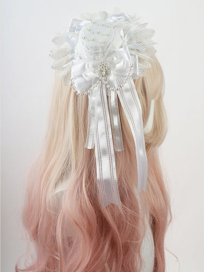 シロロリータ ホワイト ビッグリボン レーストリム スノーフレーク ミニハット ビーズチェーン付き