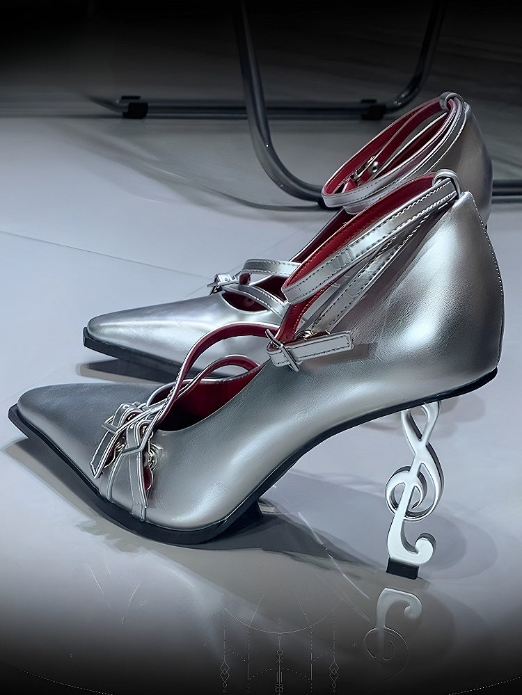 Gothic Toe - Note shaped Shoes Music Fashion Silver Matte Heel in with Pointed High-heel