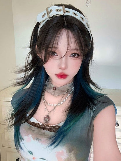 Pony Vorhang Perücke Büste gerade mit unter braun-grün Länge Ombre 63CM