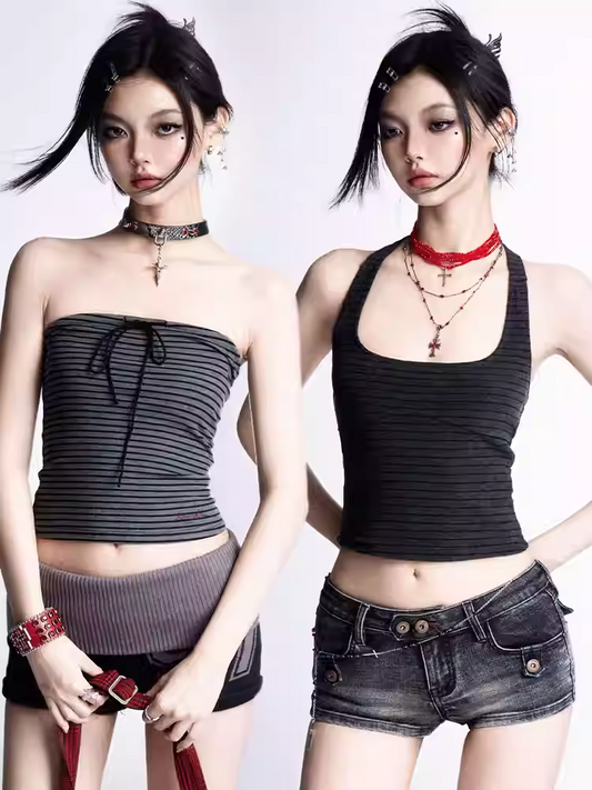 ストラップレス/ノースリーブトップとグレーのストライプが魅力的なクロップド丈ブラック