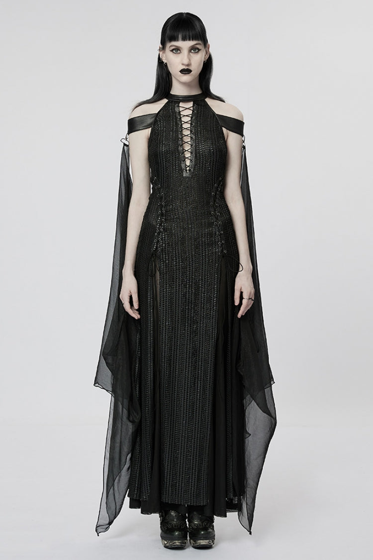 Black Side Slit Hollow Lace-Up Slim Mesh Gothic Dress with Detachable Cape