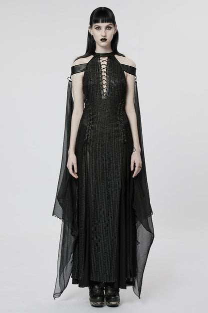 Black Side Slit Hollow Lace-Up Slim Mesh Gothic Dress with Detachable Cape