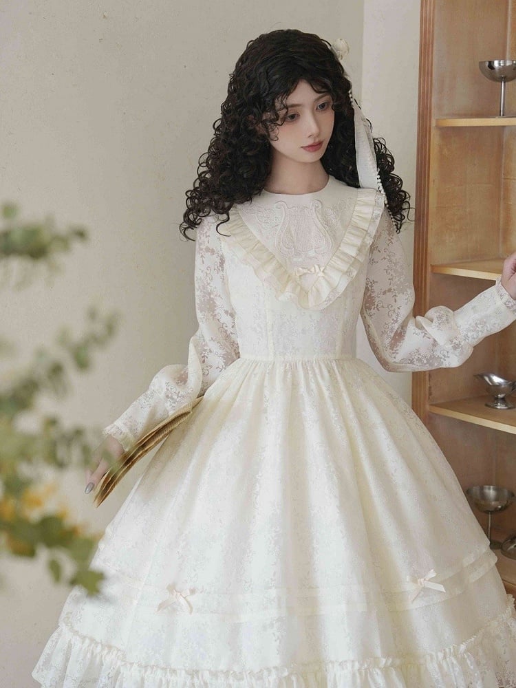 Beige Harp Embroidery Spring Semi-sheer Long Sleeves Elegant Classic Lolita Dress