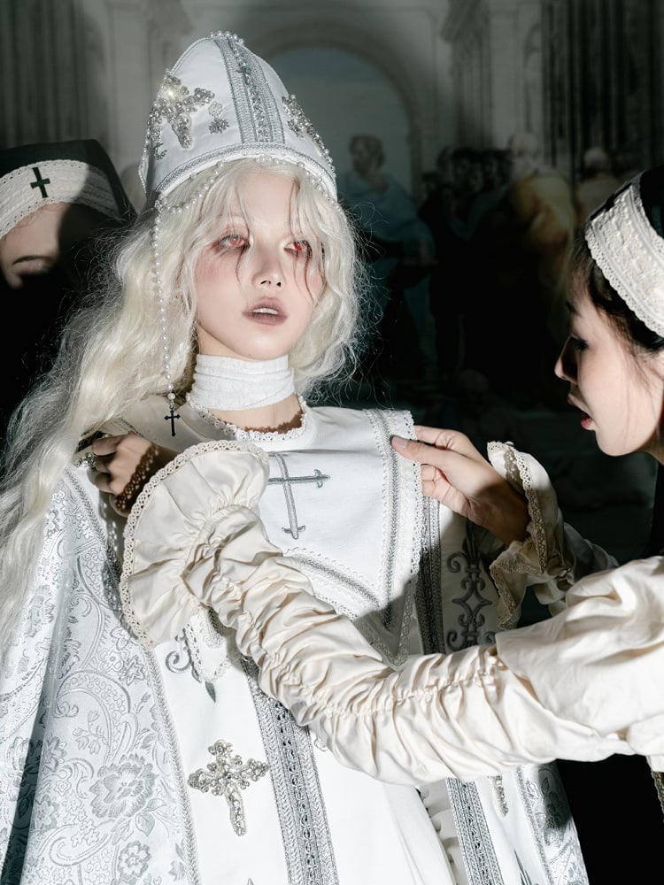 Mitra-Kreuz verzierte Perlenkette weiß mit päpstlicher Perle