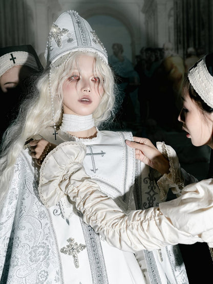 Mitra-Kreuz verzierte Perlenkette weiß mit päpstlicher Perle