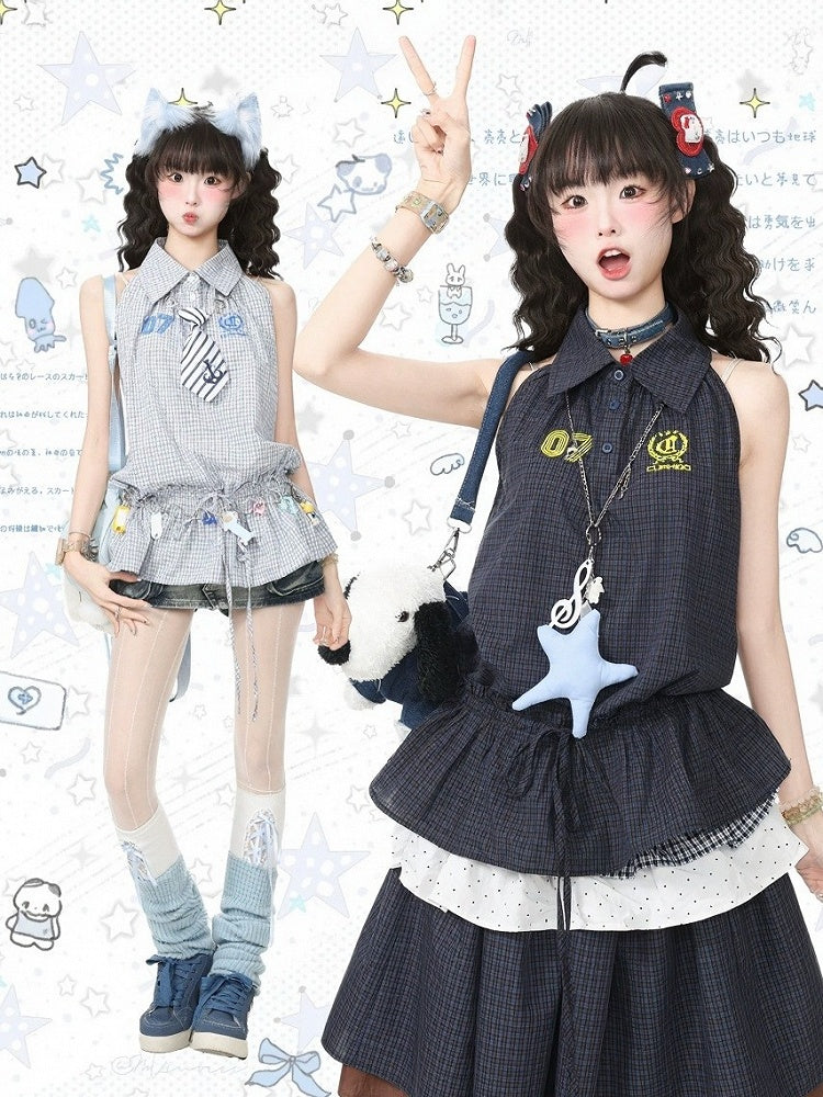 Navy Plaid Peplum Sleeveless Blouse with Flared Hem - Languid Park