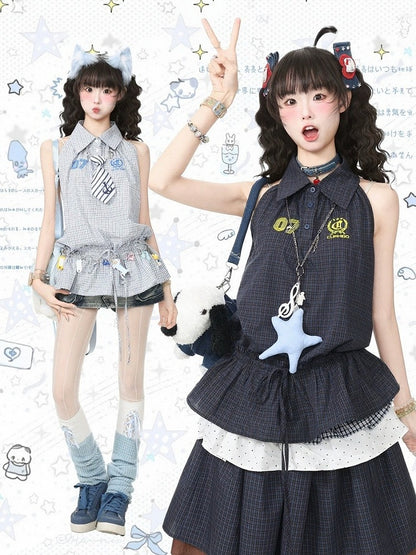 Navy Plaid Peplum Sleeveless Blouse with Flared Hem - Languid Park
