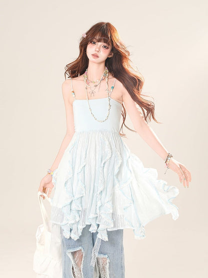 カスケードフリルアクセントレースキャミソールトップ ブルー/アプリコット