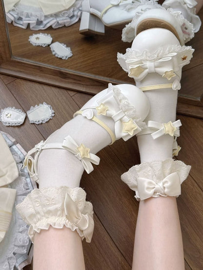 White Kawaii Plush Dog Ears Mid Heel Shoes - Sheep Puff