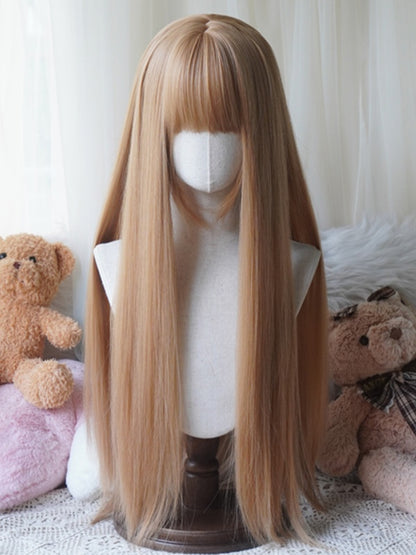 Karamell/Blond/Orange/Schwarze, hüftlange, glatte Perücke mit vollem Pony