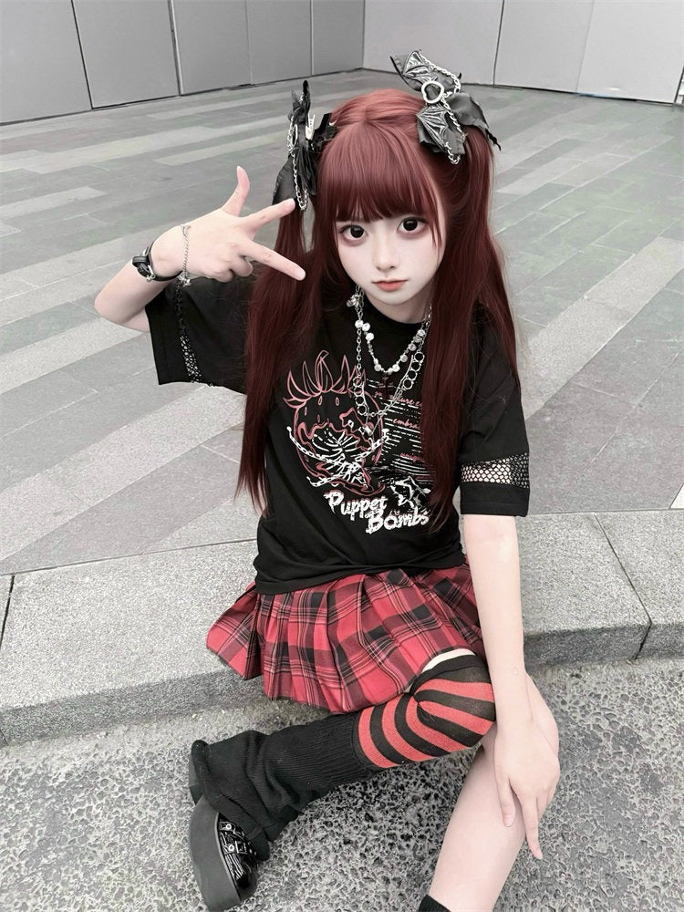 Black Strawberry & Chain Print Mesh T-Shirt - Puppet Bombs