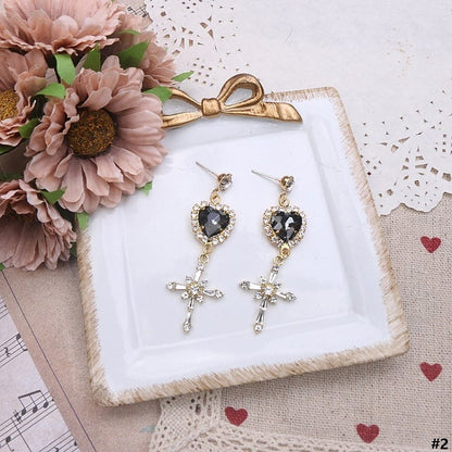 Earrings Jirai Options 4 Kei Heart Color Rhinestone Cross