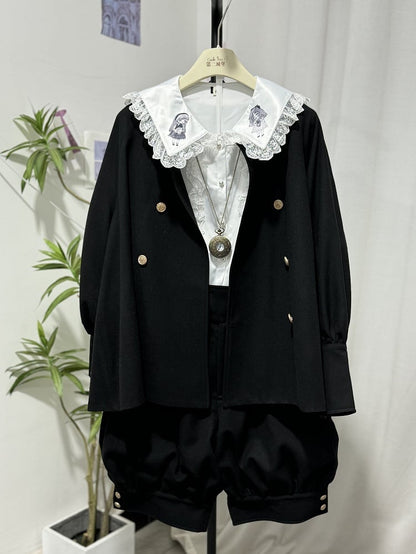 Schwarzes Ouji-Lolita-Outfit mit Hasenohren, Kragen hinten, langen Ärmeln, Oberteil und Knickerbocker-Shorts