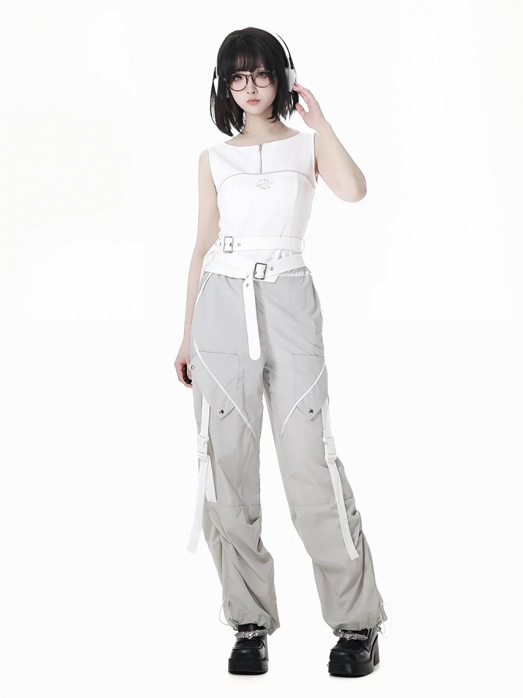 Pants Gray Drawstring Cuffs Snap Details Techwear