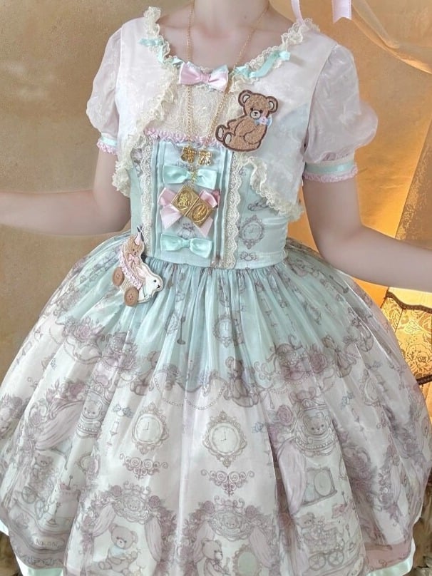 Rose & Mint Short Sleeve OP Gown with Bear Motif - Lunethe