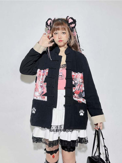 Black Cartoon Anime Banded Collar Oversized Top