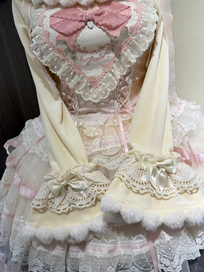 Cuffs Plush Lolita and Beige Bow Long-Sleeve with Details Top