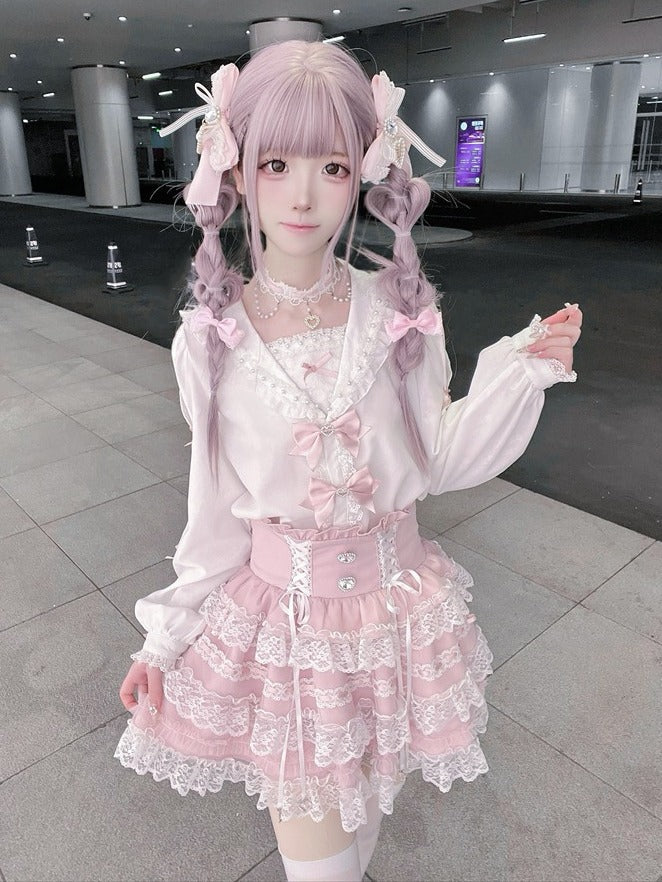 Pink Ryousangata Tiered Ruffle Skirt with Lace Trim - Puppet Bombs