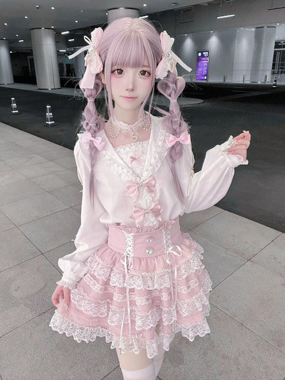 Pink Ryousangata Tiered Ruffle Skirt with Lace Trim - Puppet Bombs