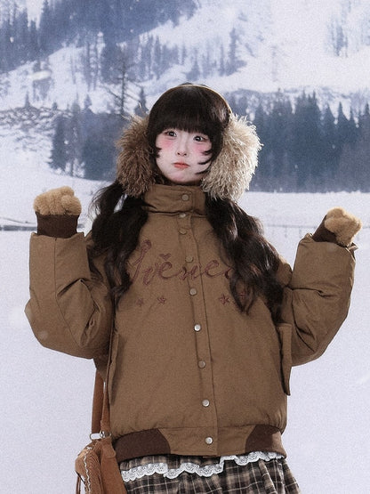 Brown/Blue Closure Kawaii Blouson Star Embroidery Dual with in Jacket Daily