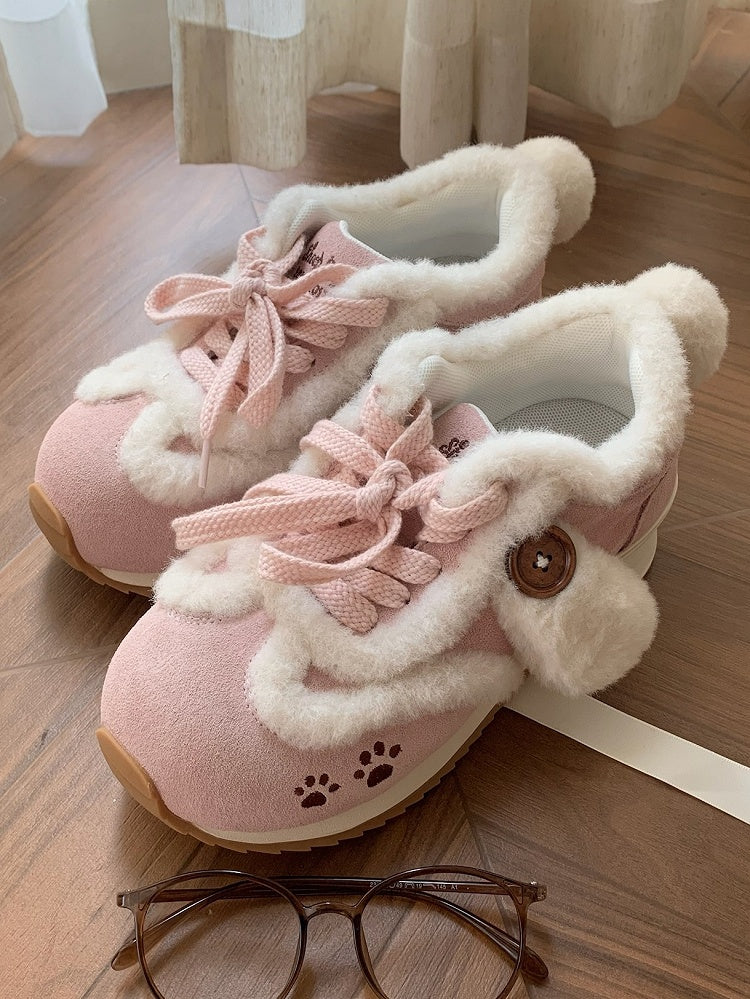 with Ears Lolita Print Accents Pink Sweet Tail Plush Sneakers Embroidery Dog - Paw