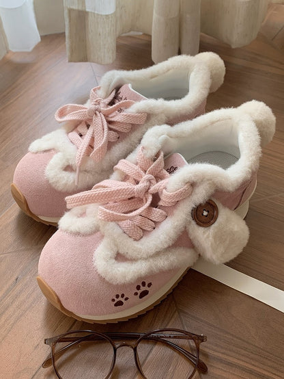with Ears Lolita Print Accents Pink Sweet Tail Plush Sneakers Embroidery Dog - Paw