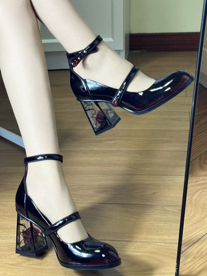 Rhinestone Black Transparent Accents High Heel Mary Block Rose-themed Rose Gothic Janes with Decor