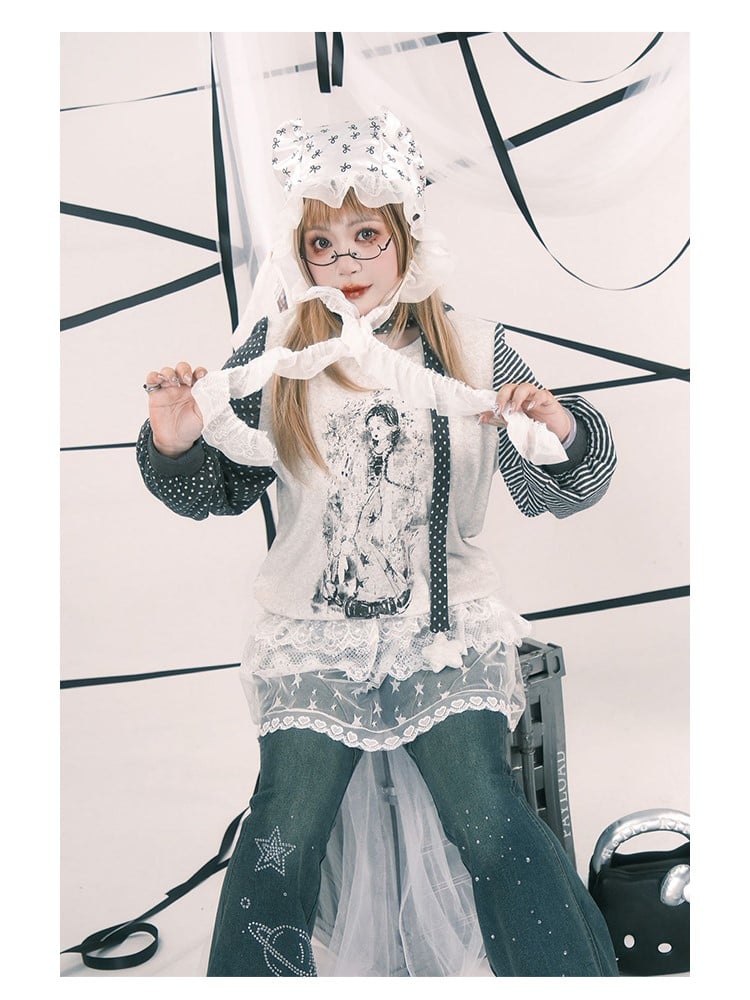 Print Anime with Girl Polka Size Striped Y2K Sleeve White Top Plus Dot