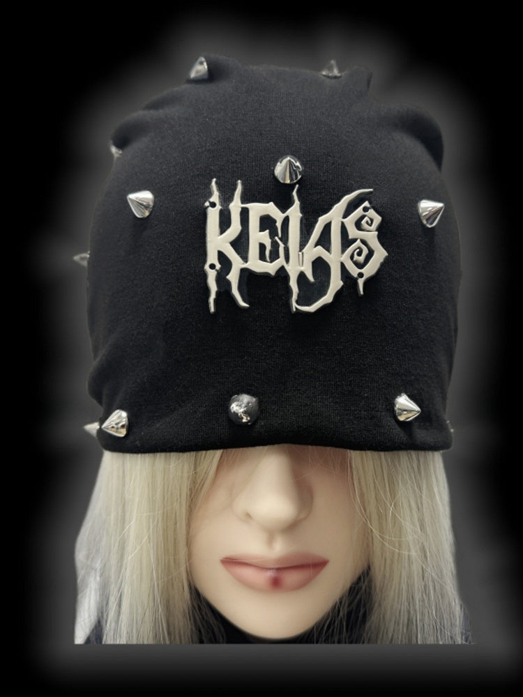 Y2K Schwarze Metallic-Buchstabendetails Nieten Punk Slouchy Beanie