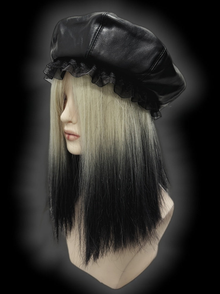 Y2K Black Lace Trim PU Beret