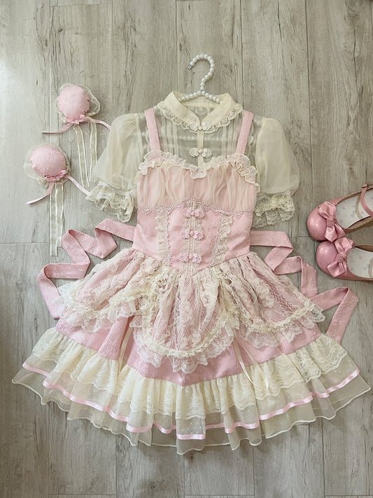 Lolita Sweet Button Chinoiserie Trim Ballet-Inspired Frog JSK Pink Dress Lace