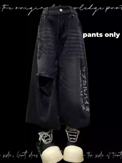 Vintage Applikationen Distressed Holes Straight-Leg Jeans Schwarzes Kreuz