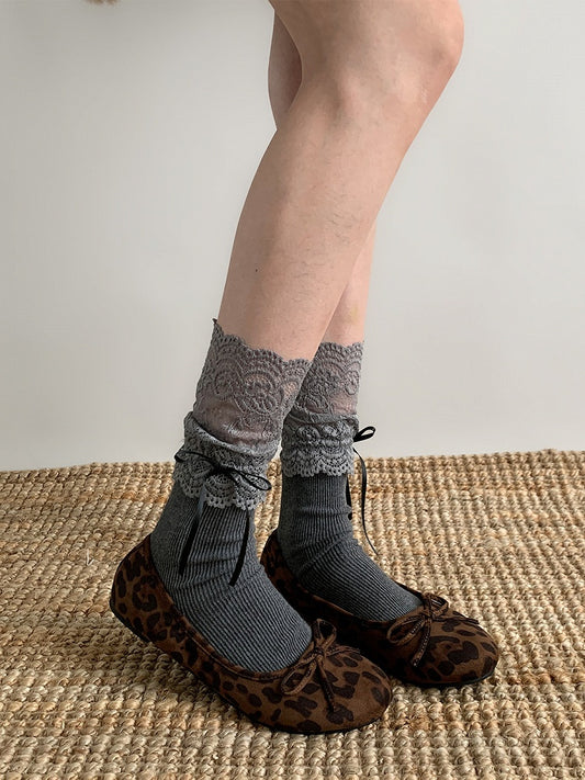 Lace Ruffle Layered Bow Calf Socks