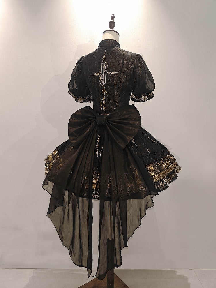 Shimmering Black Gold Chinoiserie Lolita OP with Chinese Embroidery Flounce Hem - YING YUE