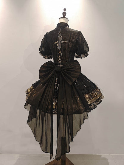 Shimmering Black Gold Chinoiserie Lolita OP with Chinese Embroidery Flounce Hem - YING YUE