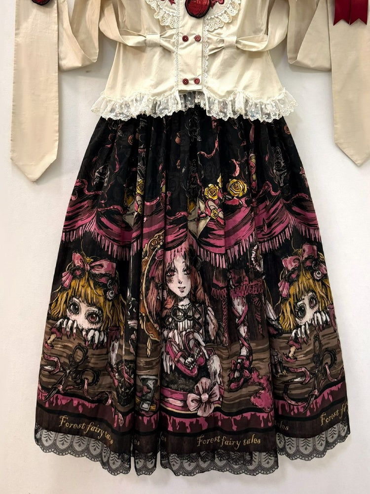 Pink Black Lace Lolita Skirt with Red Shoes Story Print - Forest Fairy Tales